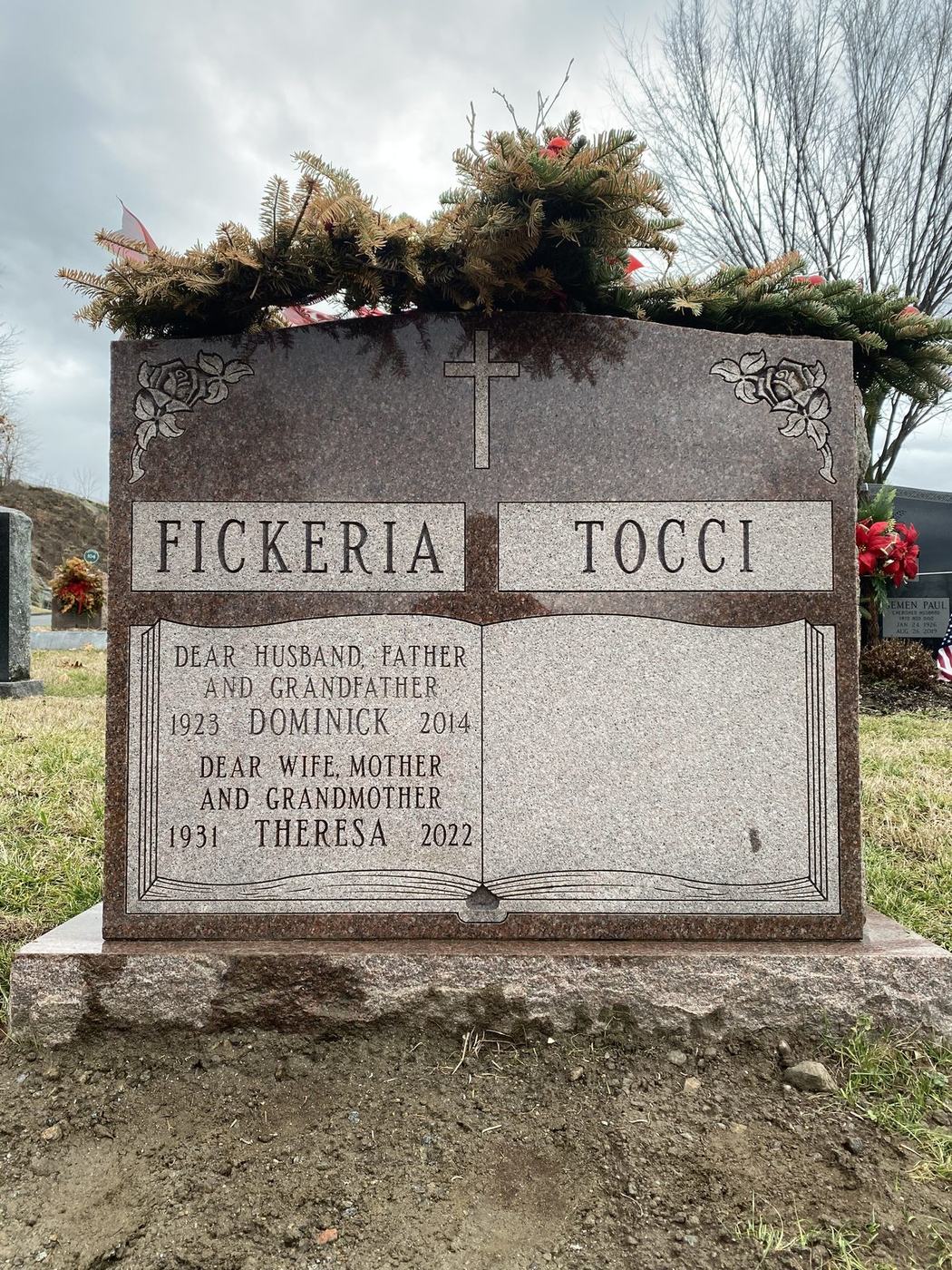 Companion headstone completed inscription - Monument Inscriptions Completed companion headstone with both inscriptions engraved, on-site at the cemetery